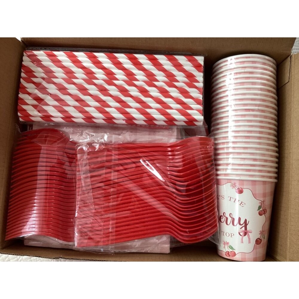 Best Wishes Cherry-Themed Party Set For 24 Guests*Plates*Cups* Cutlery & Napkins